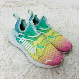PUMA Kids slip on no tie colorful Gradient Sneakers - Green, Yellow, Pink SZ 4.5